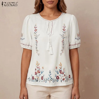 ZANZEA Fashion Summer Blouses Casual Short Sleeve Blusas Women Blouse Floral Print Tops OL Work Party Tunic Streetwear Oversize