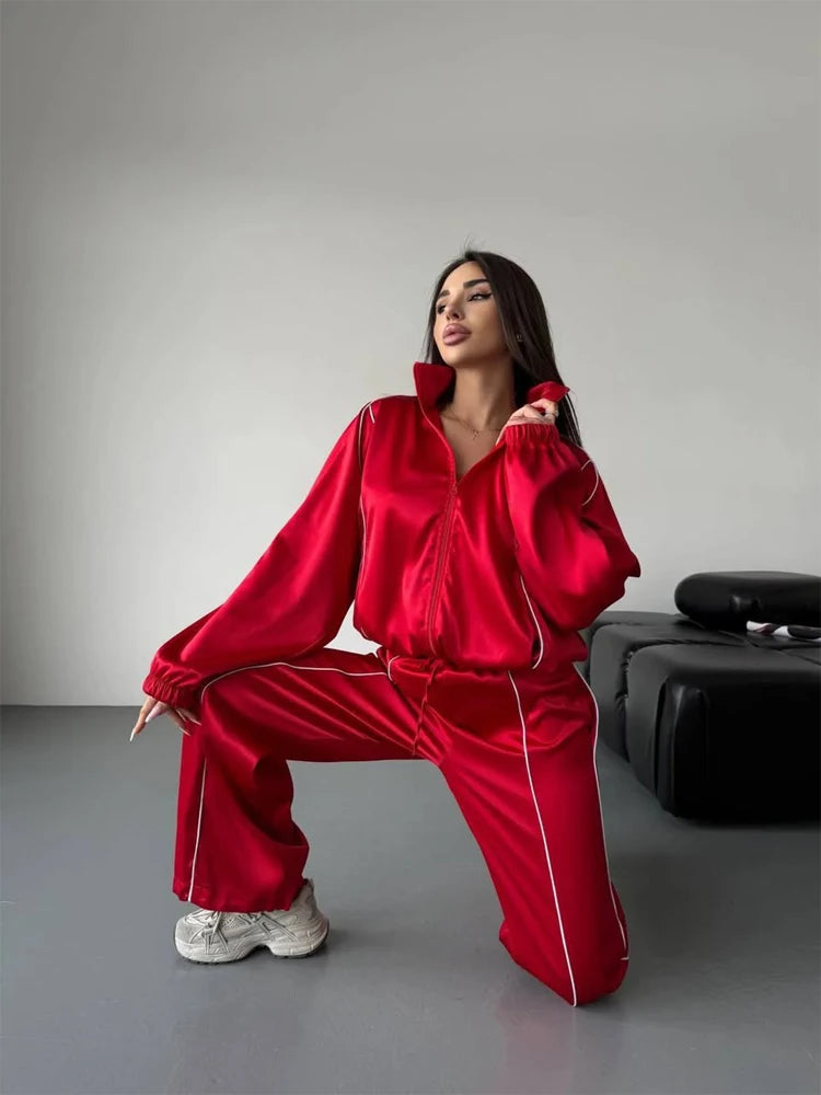 Satin Tracksuit Zip-up Set Long Sleeve Women's Jacket Wide Leg Pants Summer Lady Fashion Casual Daily Street Sportswear 2026 New