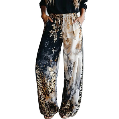Women Color Block Leopard Print Wide Leg Pants Autum Elastic High Waist Loose Palazzo Trousers Casual Streetwear Holiday Pants