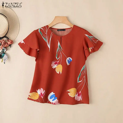 ZANZEA Woman Summer Floral Print Pullover Blouses Layered Ruffles Sleeves Keyhole O-Neck Blusas Mujer Daily Casual Dates Tops