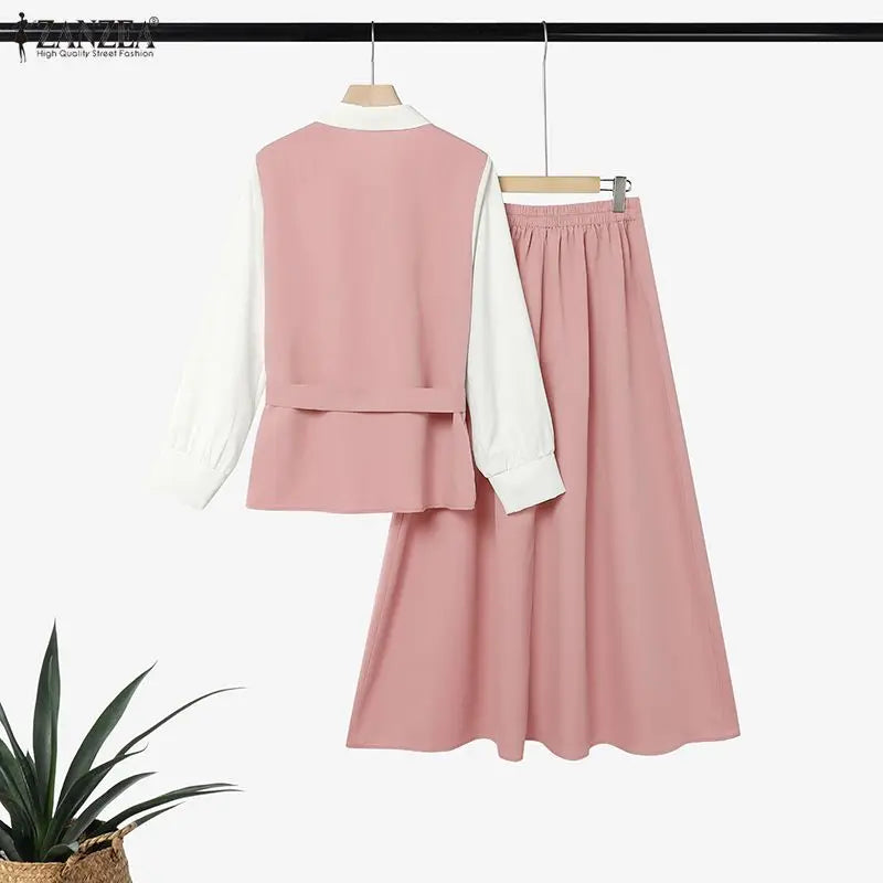 ZANZEA Autumn Outfits Elegant Long Sleeve Patchwork Blouse A Line Pleated Maxi Skirt Suit Women Muslim Two Piece Sets Ramadan