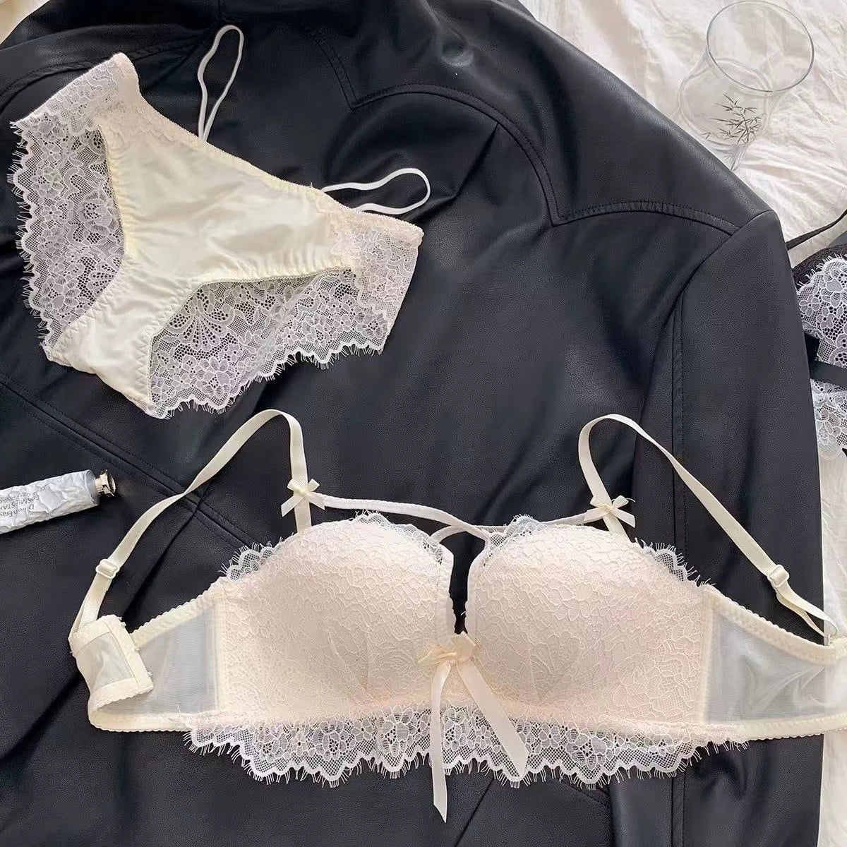 BANERDANNI Kawaii Anime Bra Set Japan Maid Lace Bralette with Thicken Pads Cut-Out Design Small Bust Enhancer Pure-Sex Underwear
