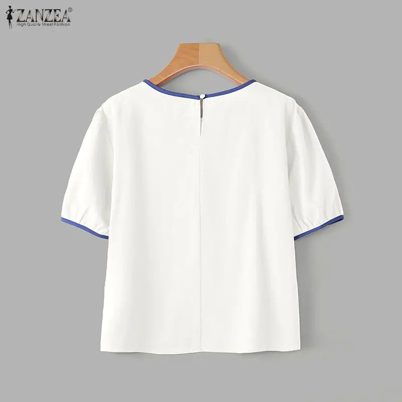 ZANZEA Women Summer Blouse Short Puff Sleeve Patchwork Casual O Neck Fashion Blusas OL Work Tops Oversize Tunic Streetwear