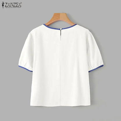 ZANZEA Women Summer Blouse Short Puff Sleeve Patchwork Casual O Neck Fashion Blusas OL Work Tops Oversize Tunic Streetwear
