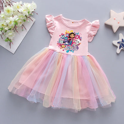 Kids Clothes Summer New Girls Dress Short sleeves Rainbow Princess Dress For Children Baby Cute Birthday Party Clothing 2-8Y