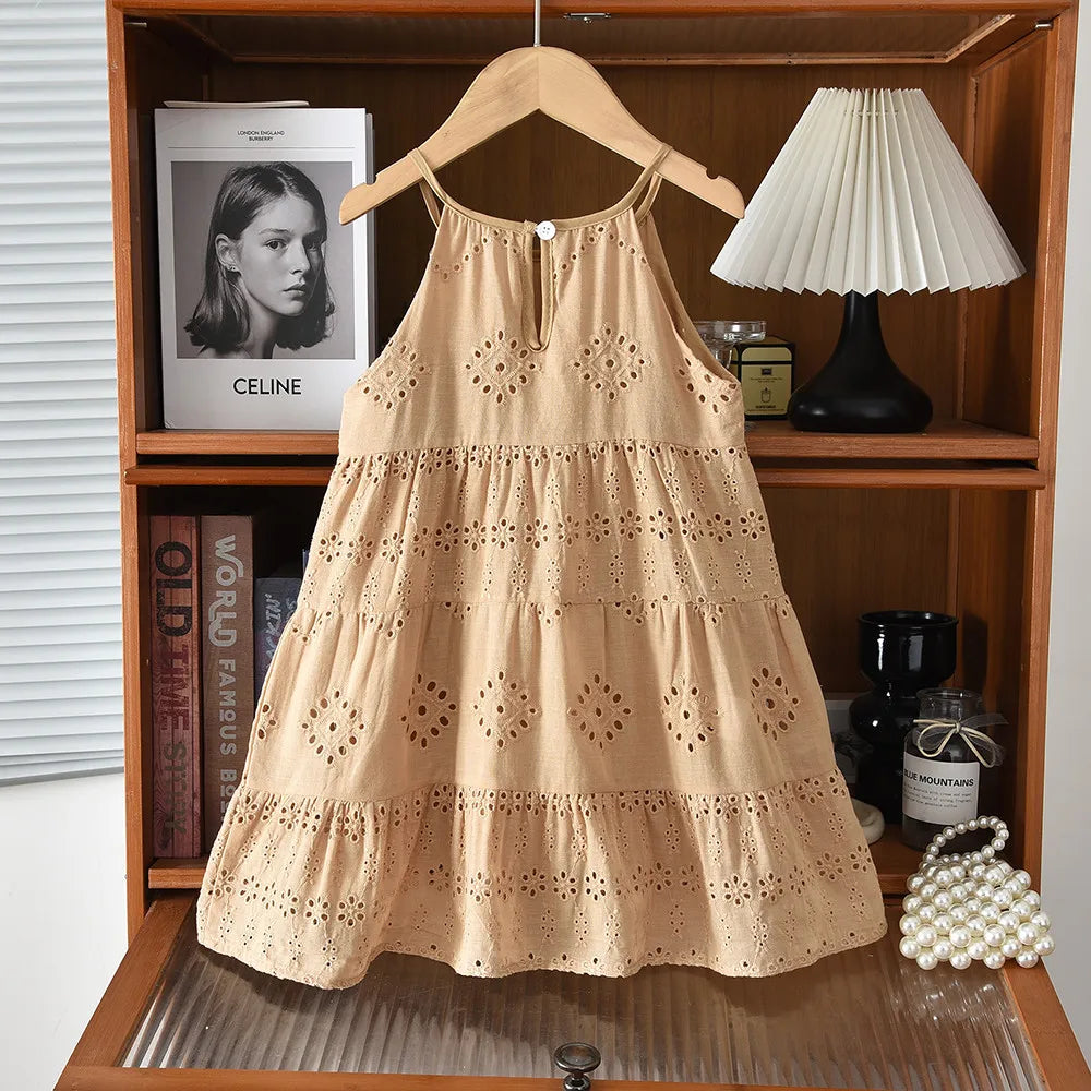 2026 Kids Clothing Korean Dress for Girls Solid Color Lace Hollow-out Suspenders Dresses Plain Cotton Girls Summer Clothes