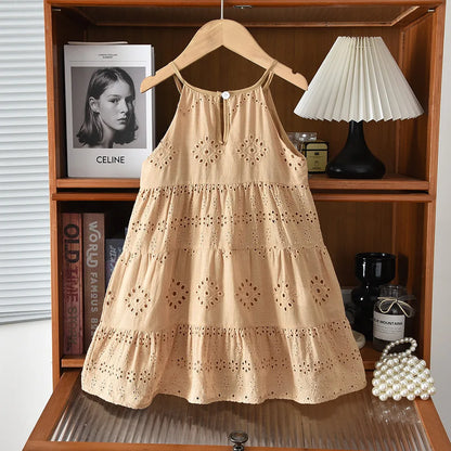 2026 Kids Clothing Korean Dress for Girls Solid Color Lace Hollow-out Suspenders Dresses Plain Cotton Girls Summer Clothes