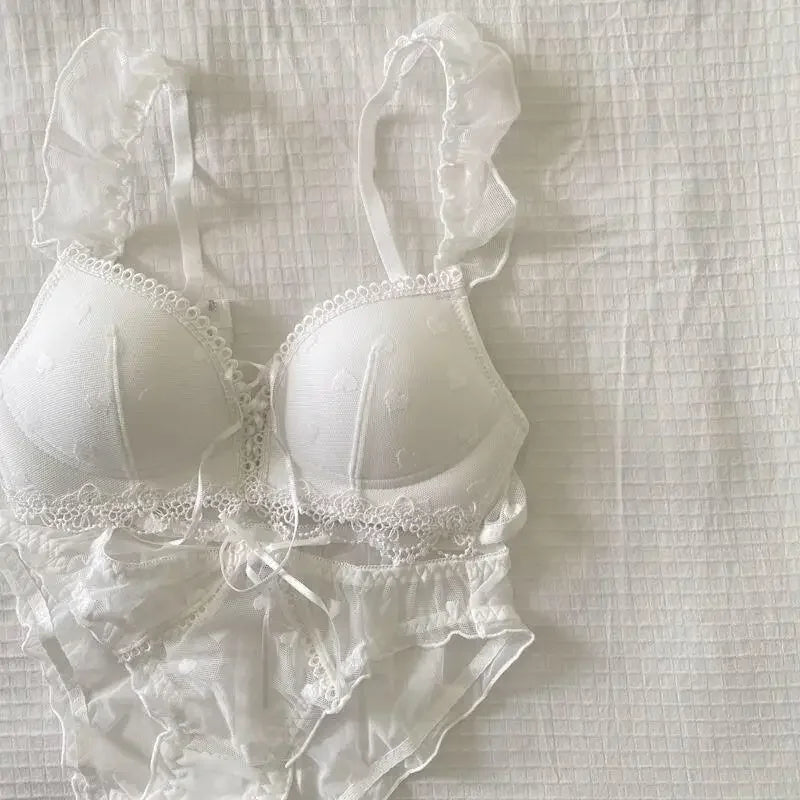 European Style Japanese Lingerie Set, Sweet Heart Pattern Bralette Small Breasts, Comfortable Wireless Anti-Sagging Bra & Brief
