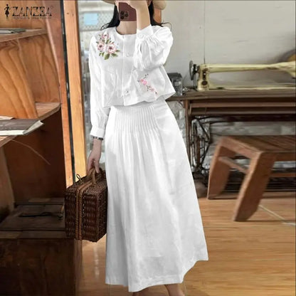 ZANZEA Women's Elegant Skirt Suits Floral Print 3/4 Sleeve Cropped Shirts & Pintuck Maxi Skirts 2 Piece Sets Outfits Woman Sets
