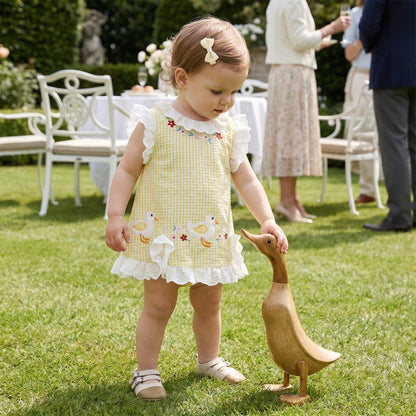 2026 Summer Baby Romper Cute Duck Floral Embroidery Ruffle Trim Bodysuit for Girls Plaid Sleeveless Infant Clothes