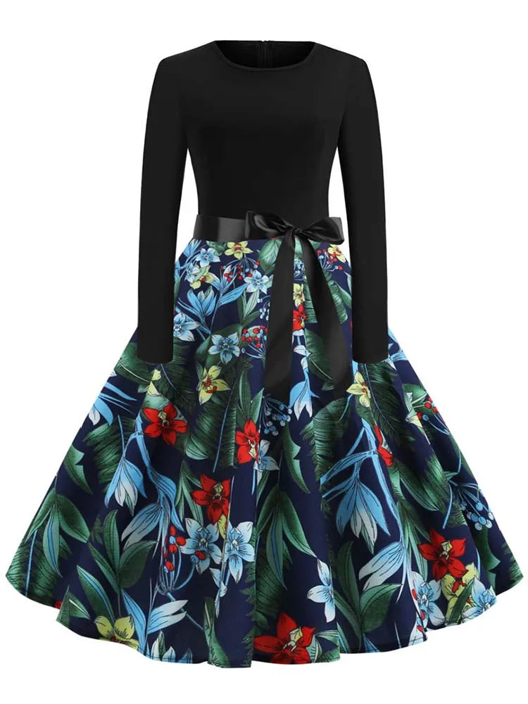 Music Note Print Elegant Party Dress Women Retro Vintage Casual Spring Autumn Midi Dresses
