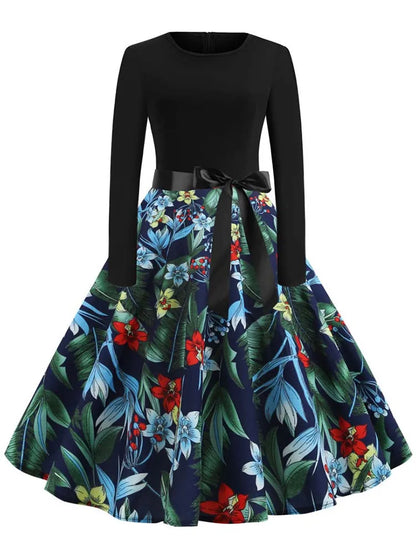 Music Note Print Elegant Party Dress Women Retro Vintage Casual Spring Autumn Midi Dresses