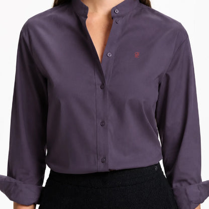 CH Logo Embroidered Solid Color Women Mandarin Collar Long Sleeve Shirt Regular Fit Sleek Minimalist Casual Tops