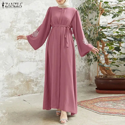 ZANZEA Fashion Women Long Sleeve Muslim Abaya Dresses Floral Printed Dress IsIamic Robe Casual Kaftan Belted Vestidos Ramadan