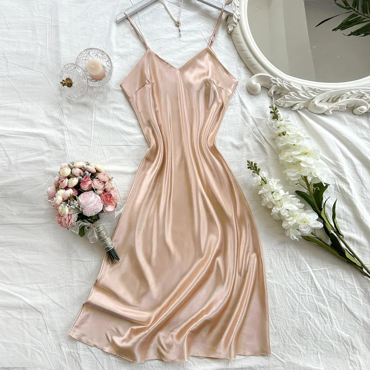 Elegant Satin Women's Nightdress Sexy Comfortable Long Slip Dress Solid Color Pajamas For Women