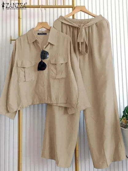 2025 ZANZEA 2-Piece Pant Sets for Woman Outfits, Long Sleeve Shirts and Tied-Waist Wide Leg Pants, Casual Loose Suits Workwear