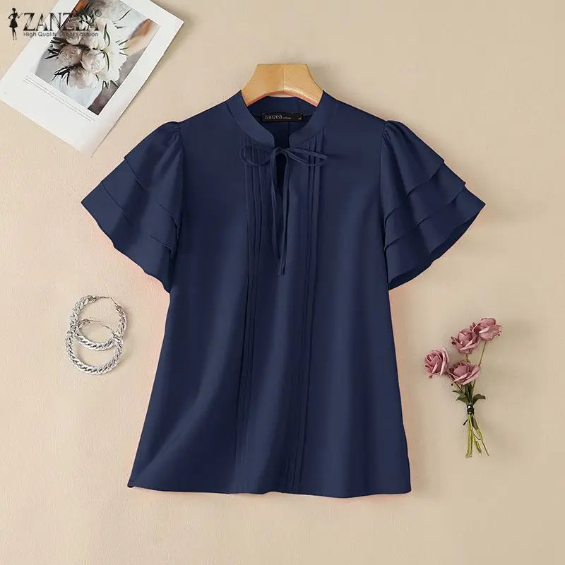 ZANZEA 2026 Woman Elegant Blouses Tie Neck Layered Ruffles Sleeves Pintuck Solid Tops Summer Casual Daily Wear Blusas Mujer 3XL
