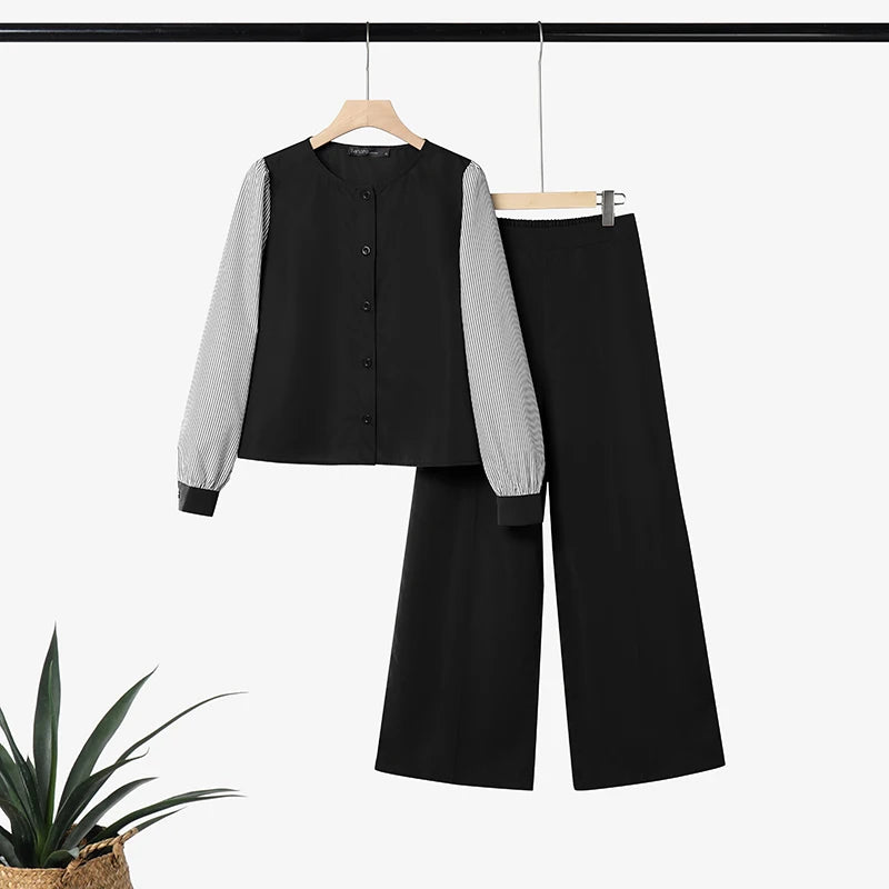 ZANZEA Women Muslim 2 Pieces Sest Hijab Tracksuit Fashion Pant Sets Summer Long Sleeve Patchwork Blouse Trousers Suit Outfits
