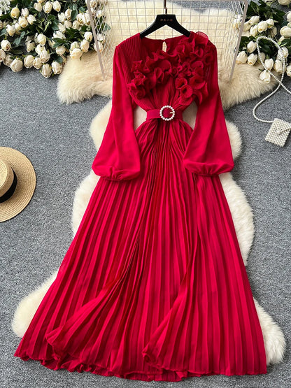 2026 Spring Autumn Fashion Elegant Dress for Women New French Mushroom Edge Crimping Loose Chiffon Long Sleeve Long Dress C141
