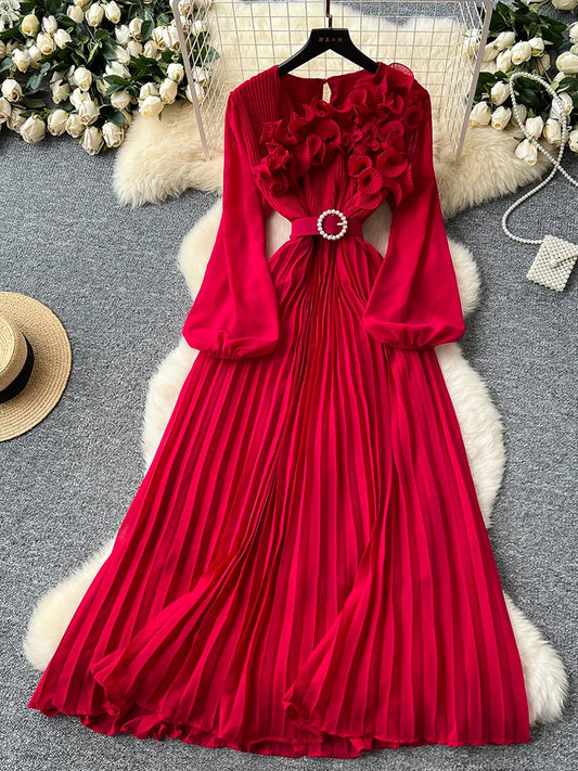 2026 Spring Autumn Fashion Elegant Dress for Women New French Mushroom Edge Crimping Loose Chiffon Long Sleeve Long Dress C141