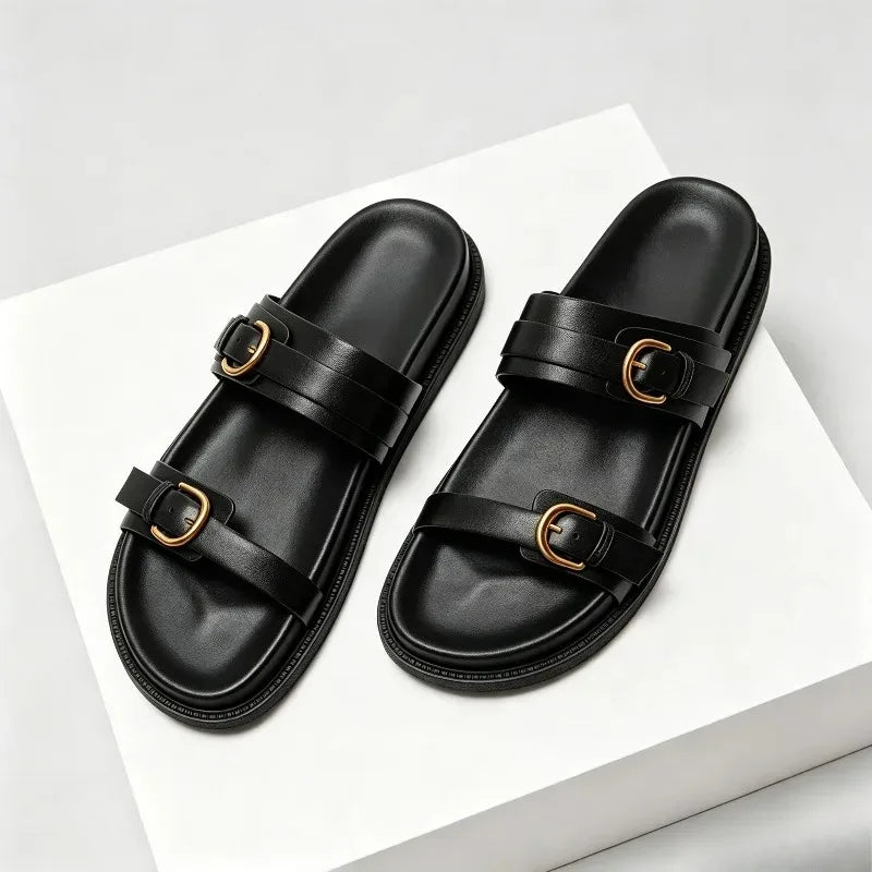 Fashion Open Toe Buckle Platform Sandal Round Toe Narrow Band Flat Sandals Women Summer Non-slip Comfortable Vacation Beach Shoe