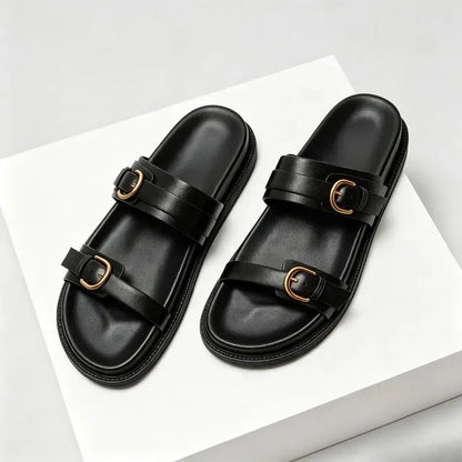 Fashion Open Toe Buckle Platform Sandal Round Toe Narrow Band Flat Sandals Women Summer Non-slip Comfortable Vacation Beach Shoe