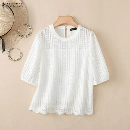 ZANZEA Womens Openwork Lace Blouses Elegant Half Puff Sleeve Solid Color O-Neck Tops 2026 Summer Casual Commute Blusas de Mujer