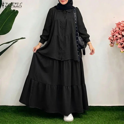 Plus Size Women Dress Sets Modest Muslim Long Sleeve Blouse Maxi Skirt ZANZEA Buttons Up Shirt Sundress Suit 2PCS Ramadan Outfit