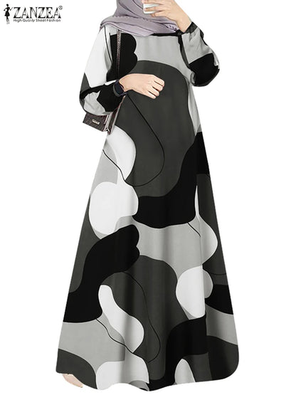 Vintage Muslim Abaya ZANZEA Women Printed Maxi Dresses Fashion Long Sleeve Islamic Robe Dubai Sundress Hijab Vestidos Kaftan