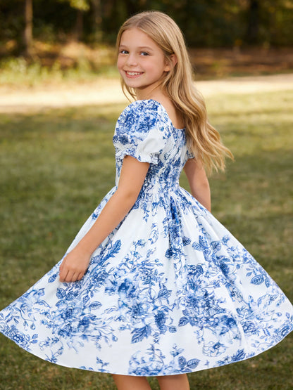 Girls' bubble short-sleeved dress, elegant and fashionable floral dress for summer outdoor leisure activities and parties