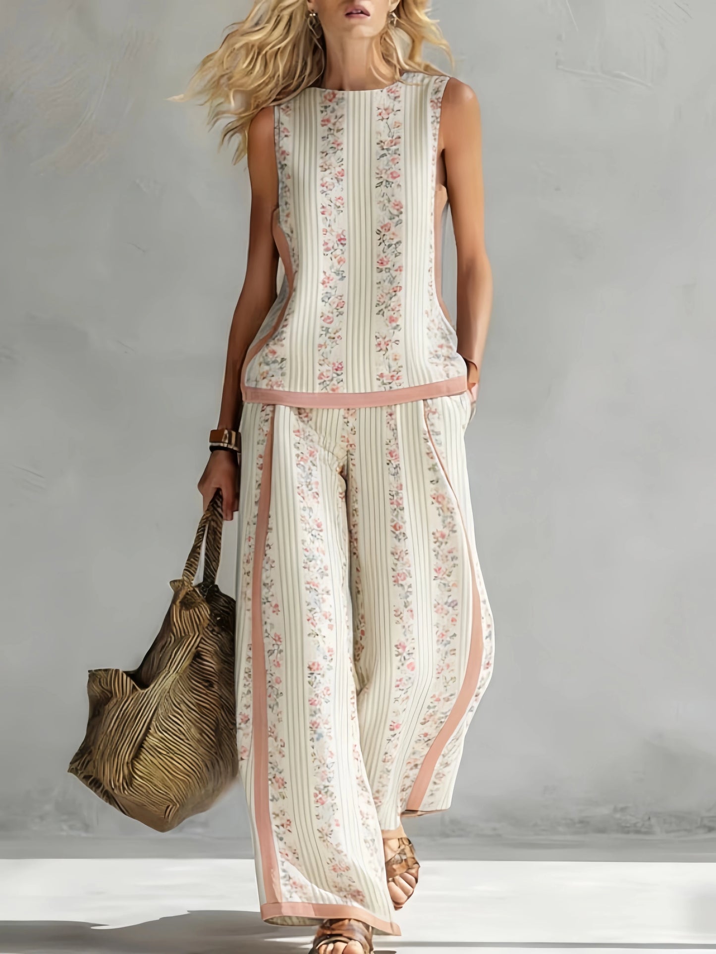 Fashion Retro Printed Sleeveless Tops Trousers 2-piece Set Women's Summer Casual Vest Loose Wide Leg Trousers Female Suit Pocket