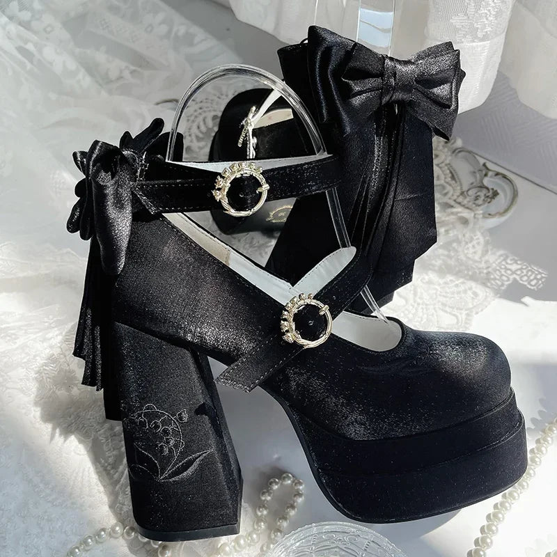 Elegant Satin Waterproof Lolita Mary Jane Shoes Women's Sweet Cute Girls Bow Paltform High Heel Ladies Pumps Platform Heels