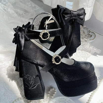 Elegant Satin Waterproof Lolita Mary Jane Shoes Women's Sweet Cute Girls Bow Paltform High Heel Ladies Pumps Platform Heels