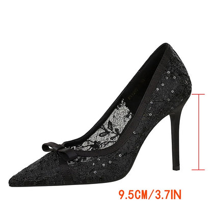 BIGTREE Shoes Women 9.5 Cm Heels Lace Mesh Women Pumps Bowknot High Heels Stiletto Sexy Party Shoes Fashion Lady Wedding Shoes