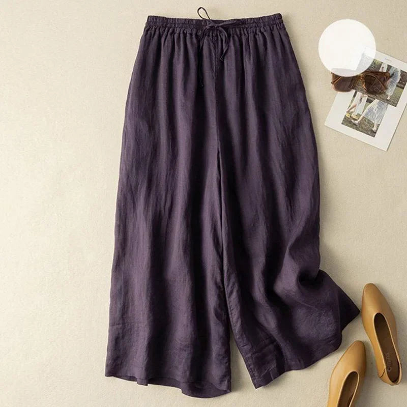Black Cotton Linen Casual Elastic High Waist Loose Women's Pants Korean Fashion Wide Leg Ankle-Length Pants For Women 2025