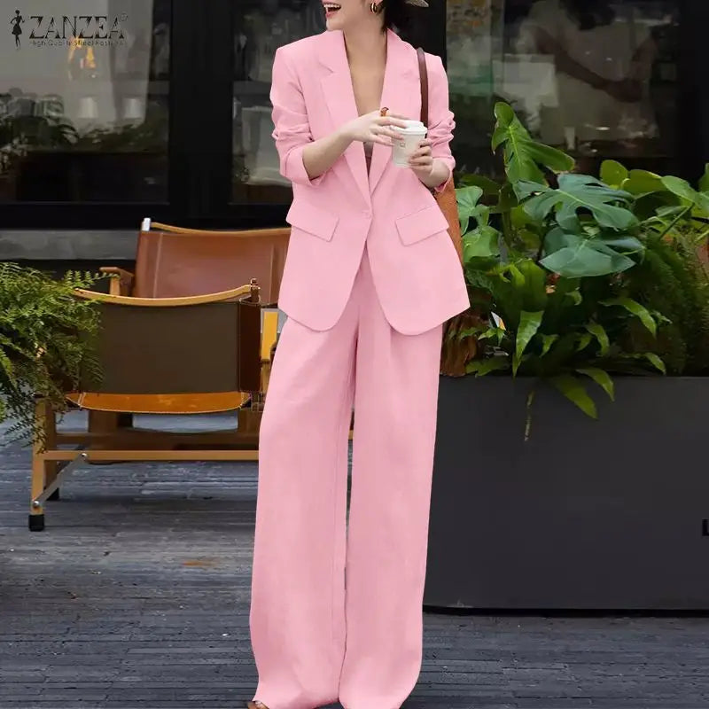 ZANZEA Women's Elegant Pant Suits Wide Leg Pant & Long Sleeve Blazer 2 Pieces Sets Woman Office Wear Casual Loose Outfits 3XL