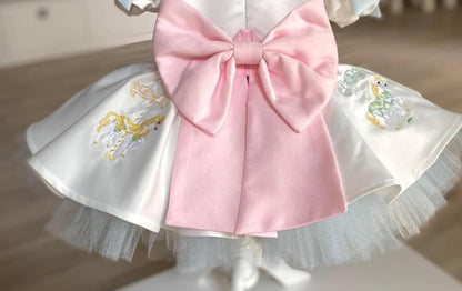 Summer Girl Sweet Carousel Castle Embroidered Pink Bow White Puffy Dress for Casual Party Birthday Wedding Photography B625
