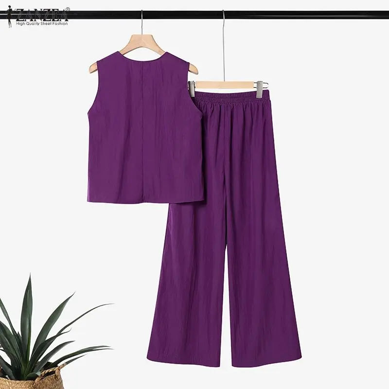 ZANZEA Fashion Summer 2 Pieces Sets Women V Neck Sleeveless Tanks Tops Trousers Suit Casual OL Work Pant Sets Solid OL Tracksuit