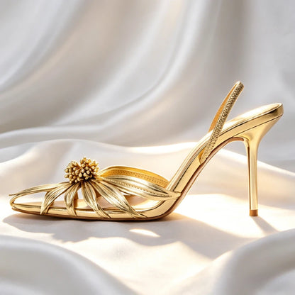 Black Flower Detail High Stiletto Heels Women Sexy Pointed-Toe Openwork Slingback Heeled Sandals for Ladies Elegant Women Shoes