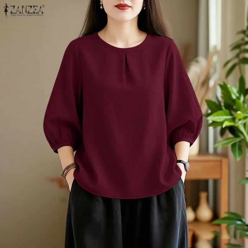 ZANZEA Summer 2026 Pleats Detailing Blouses Women O-Neck 3/4 Puff Sleeve Solid Color Tops Daily Casual Plain Blusas de Mujer