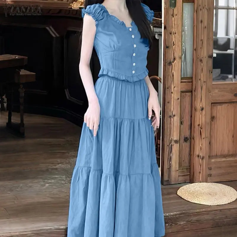 ZANZEA Women's Korean Fashion Skirt Suits Ruffles Trim Sleeveless Top & A-Line Maxi Skirt 2 Piece Sets Casual Elegant Outfits