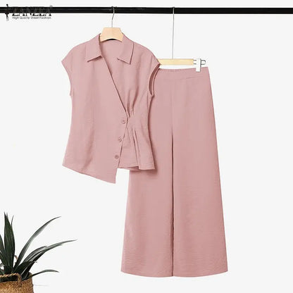 ZANZEA Summer Outfits Sleeveless V-Neck Tanks With Wide Leg Pants Elegant Women 2 Pieces Sets Casual Solid Color Work Wear Suit