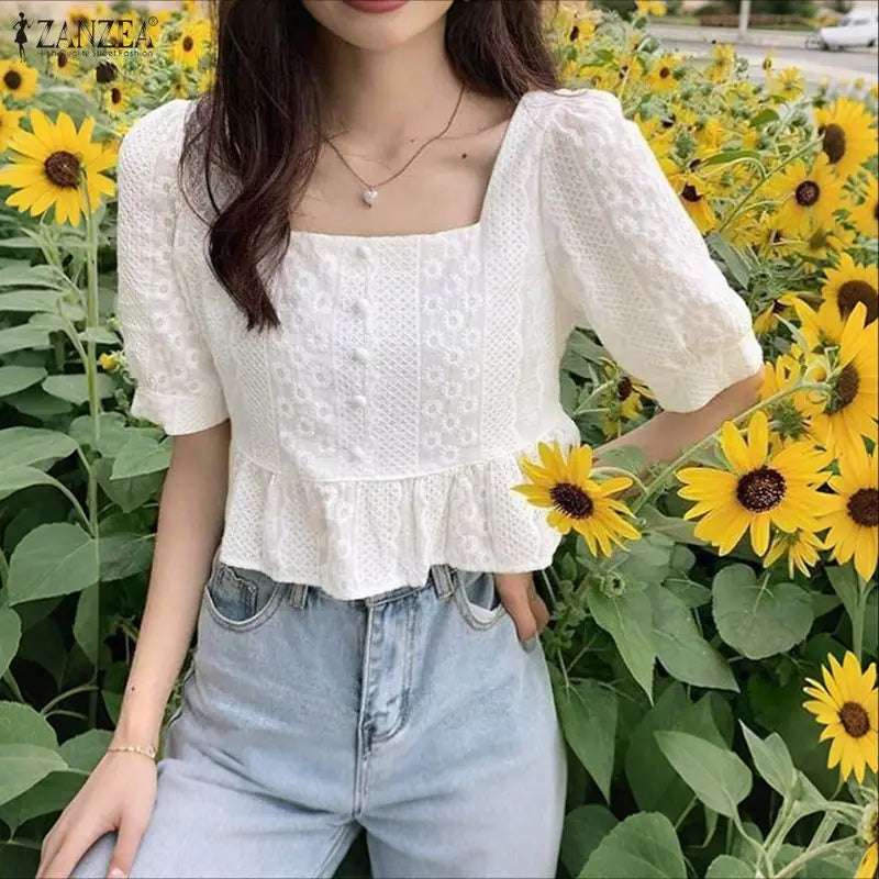 ZANZEA Embroidered Fabric Cropped Blouses Woman Square Neck Short Puff Sleeve Peplum Tops Summer Daily Casual Blusas de Mujer