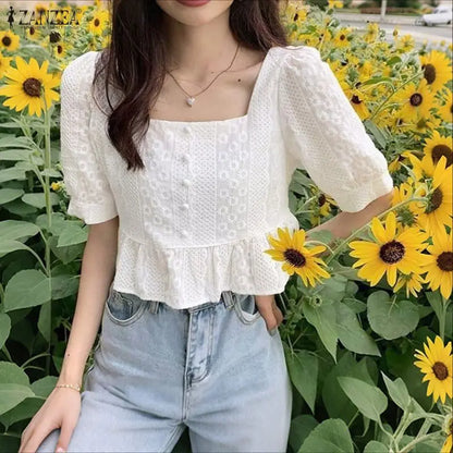 ZANZEA Embroidered Fabric Cropped Blouses Woman Square Neck Short Puff Sleeve Peplum Tops Summer Daily Casual Blusas de Mujer