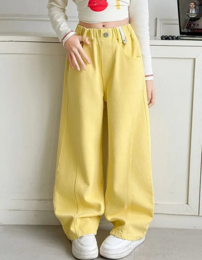 Girls' Wide Leg Pants Spring 5-12 Years Cotton Straight Leg Loose Fit Kids' Trousers Soft Breathable Fashionable Tapered Bottoms