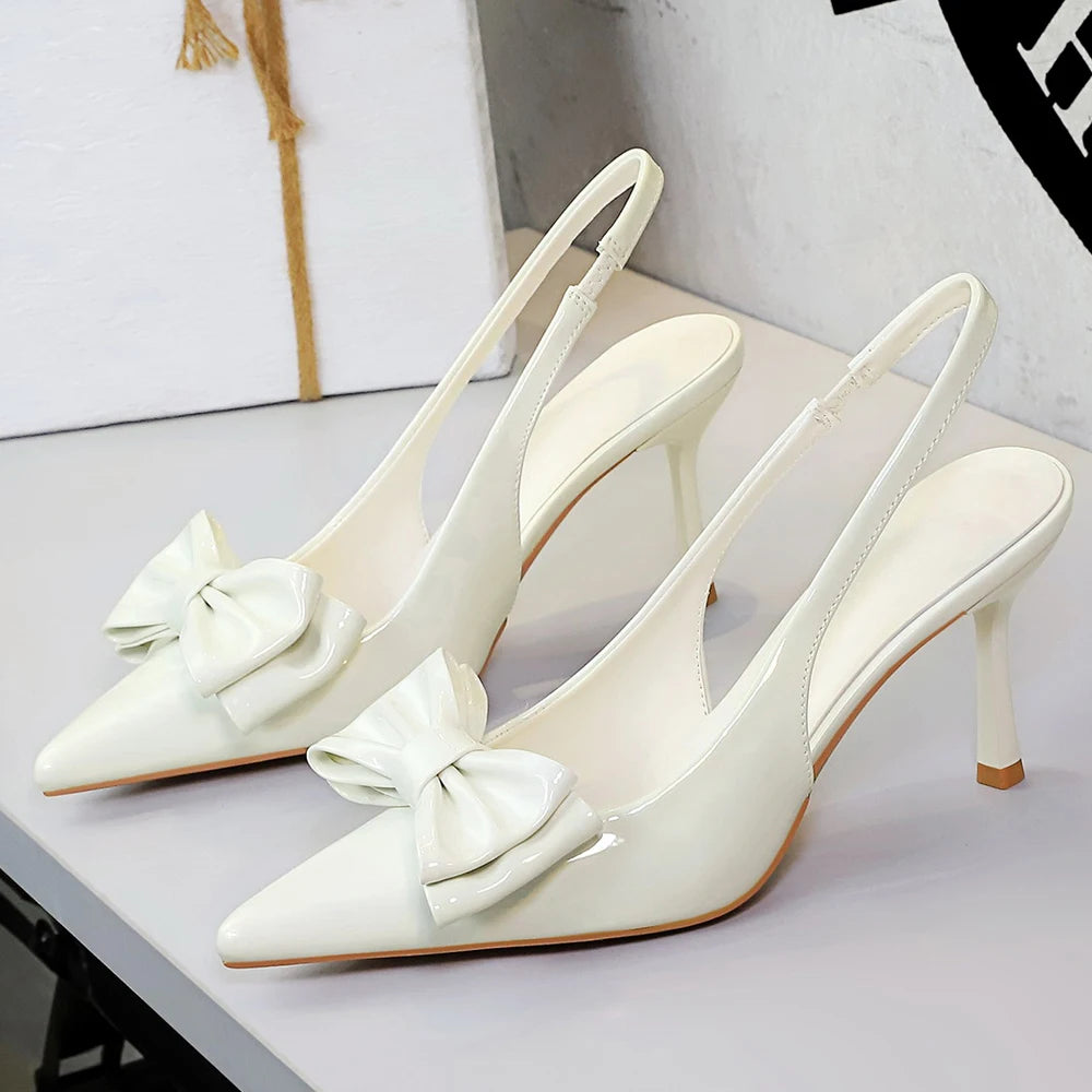 BIGTREE Shoes White Women Pumps Bowknot High Heels Patent Leather High-heeled Sandals Women Summer Shoes Stiletto Heels 8 cm
