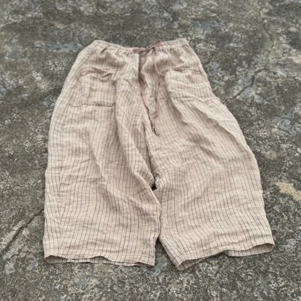 Women's Striped Linen Pants Autumn 2025 Wide Leg Vintage Style Loose Pants Pockets Breathable Woman Clothing Casual Trousers