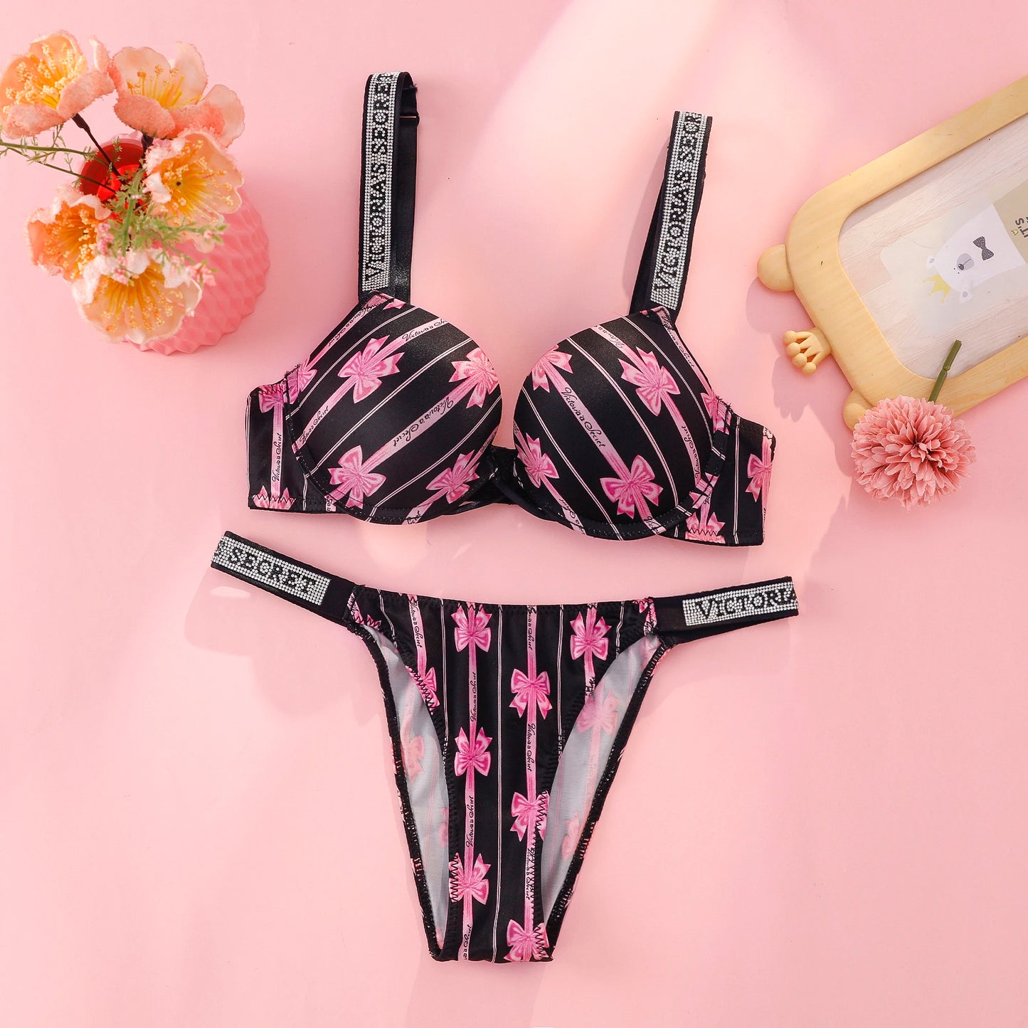 Victoria s Secret Rhinestone Logo Shoulder Straps Lace Underwear Sexy Lingerie Set Push Up Bra And Panties Set For Women