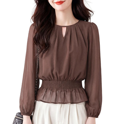 ZANZEA Women Chiffon Sheer Blouses Elegant O-Neck Puff Sleeve Shirred Waist Ruffled Hem Tops Summer Commute Blusas de Mujer