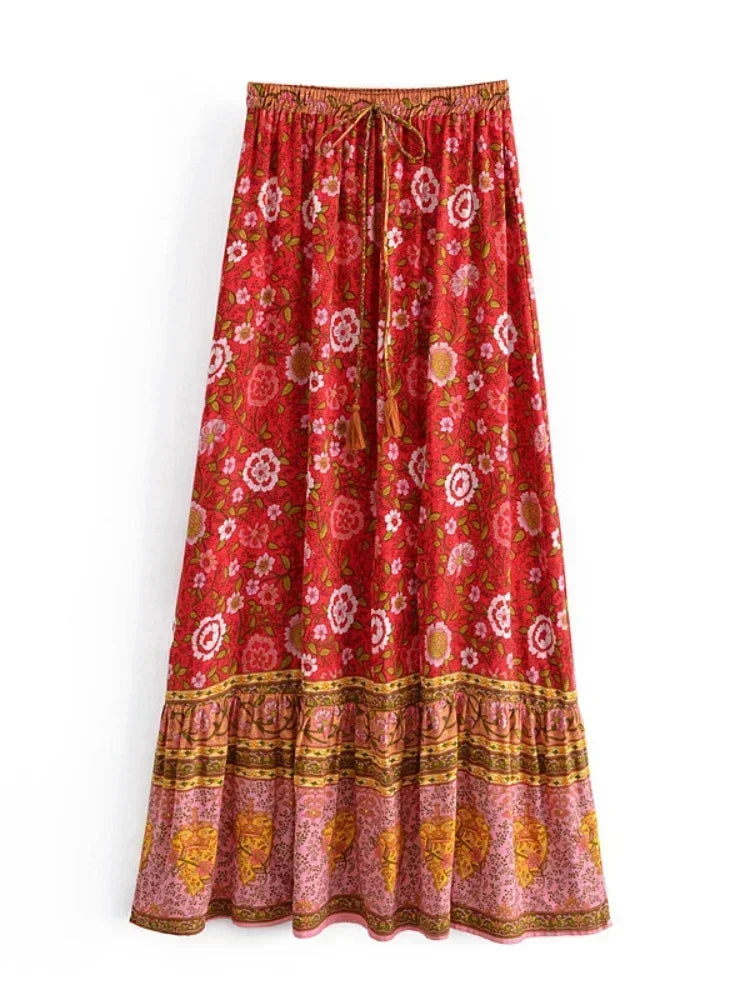 Vintage Chic Hippie Women Floral Print  Lace-up Tassel Beach Bohemian Skirt Lady Elastic Waist A-Line Vacation Boho Maxi Skirts
